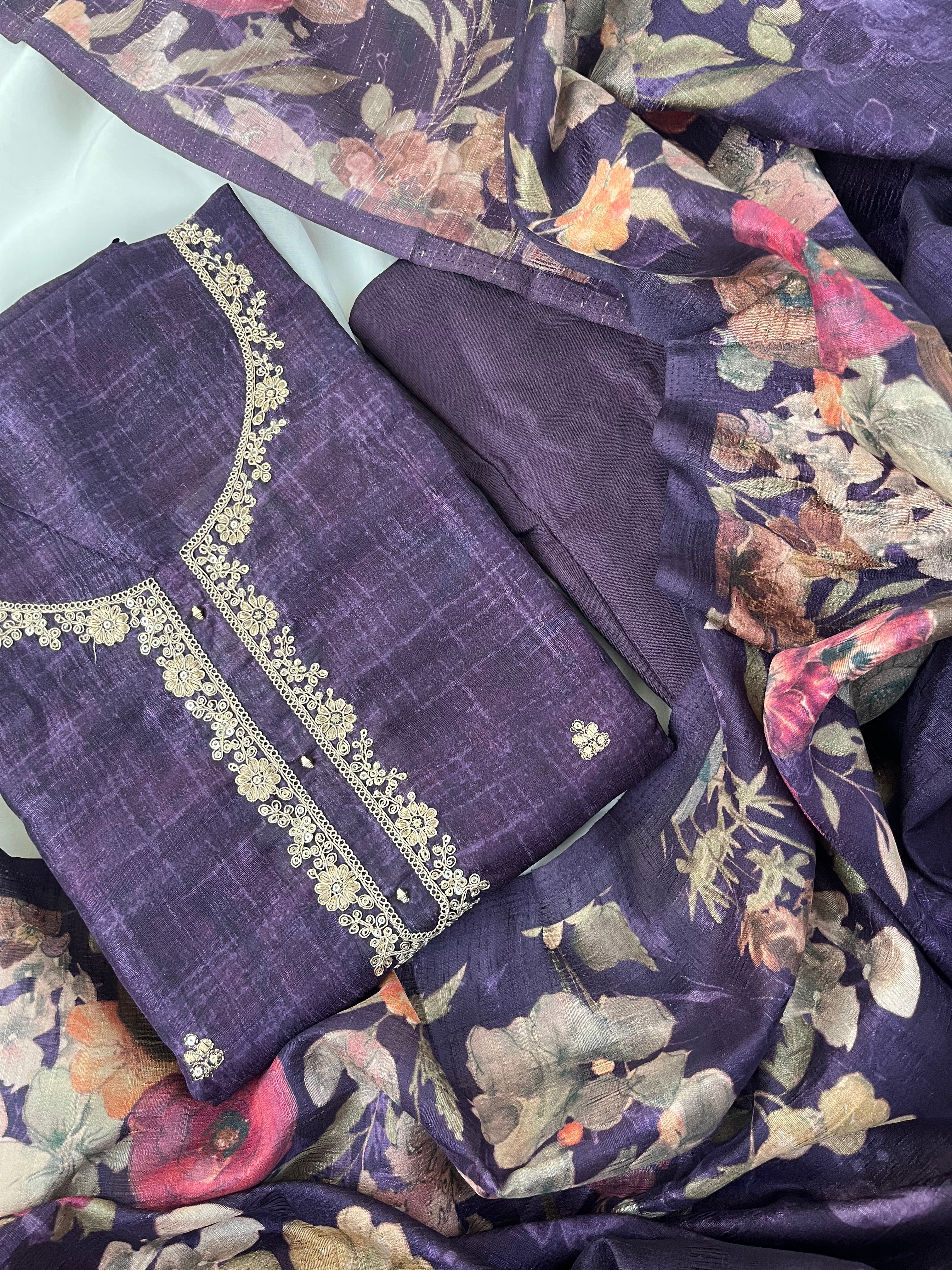 Purple Semi Tussar Semi Stitched Salwar